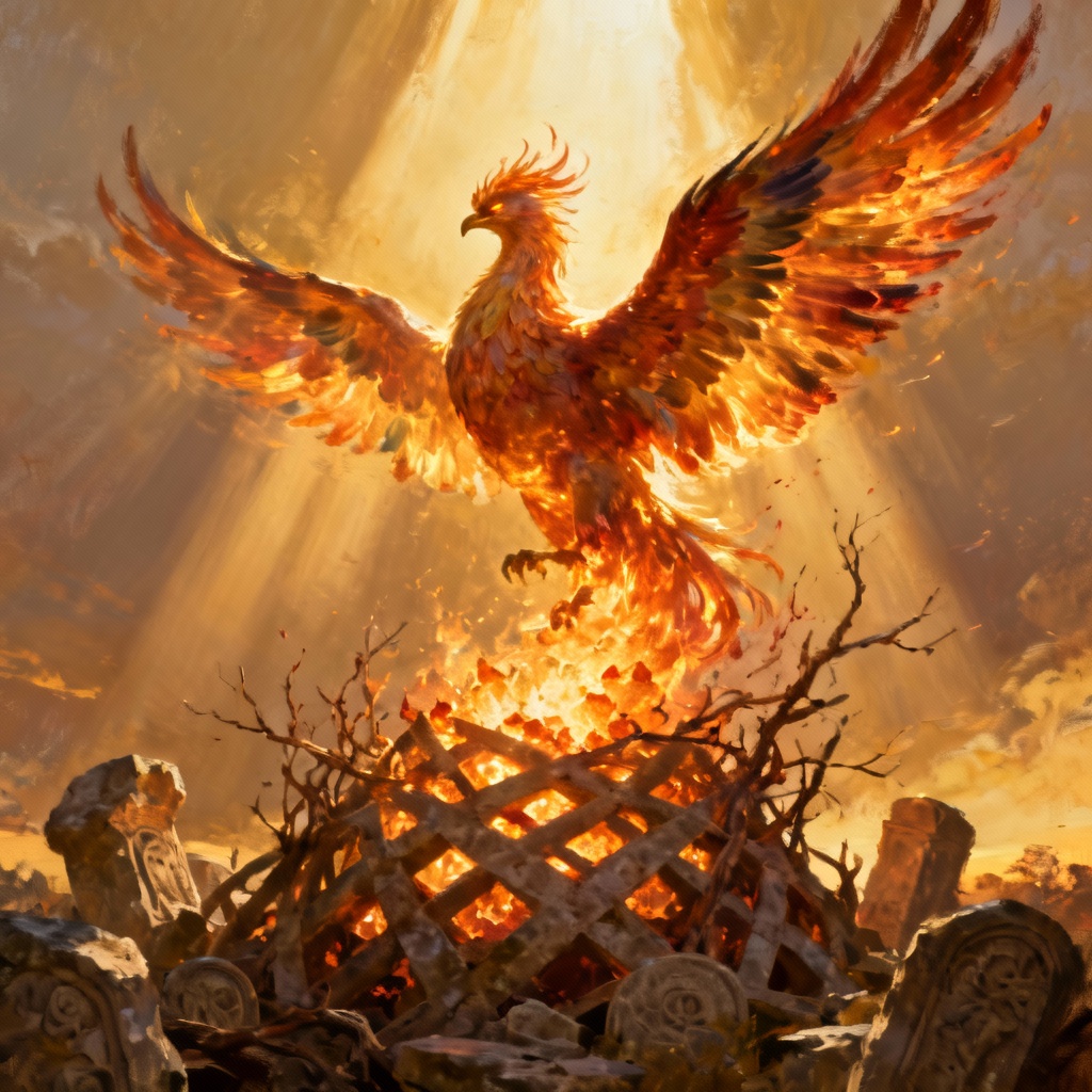 AI rebirth phoenix emerging from bones motif