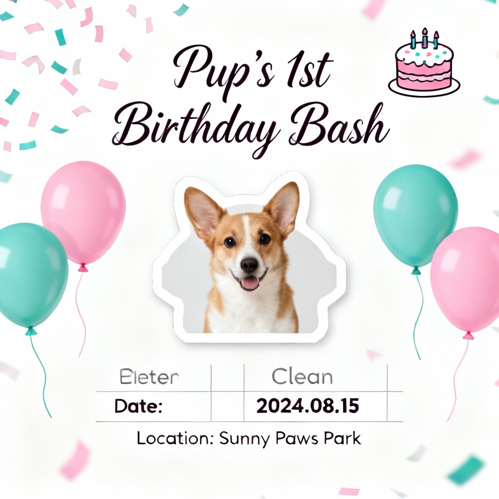 AI pet birthday invitation card with confetti and balloons