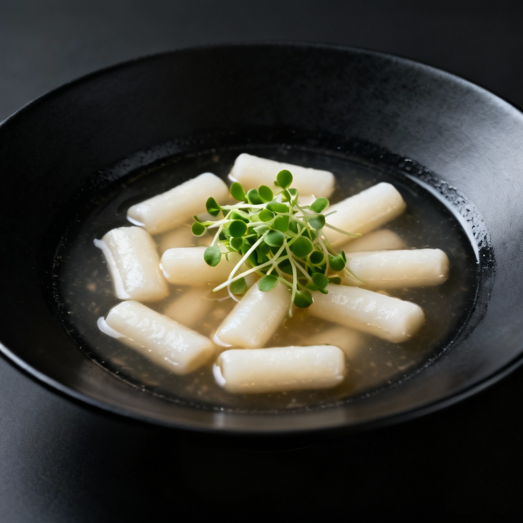 AI fine dining tteokguk with modern plating and clarified broth