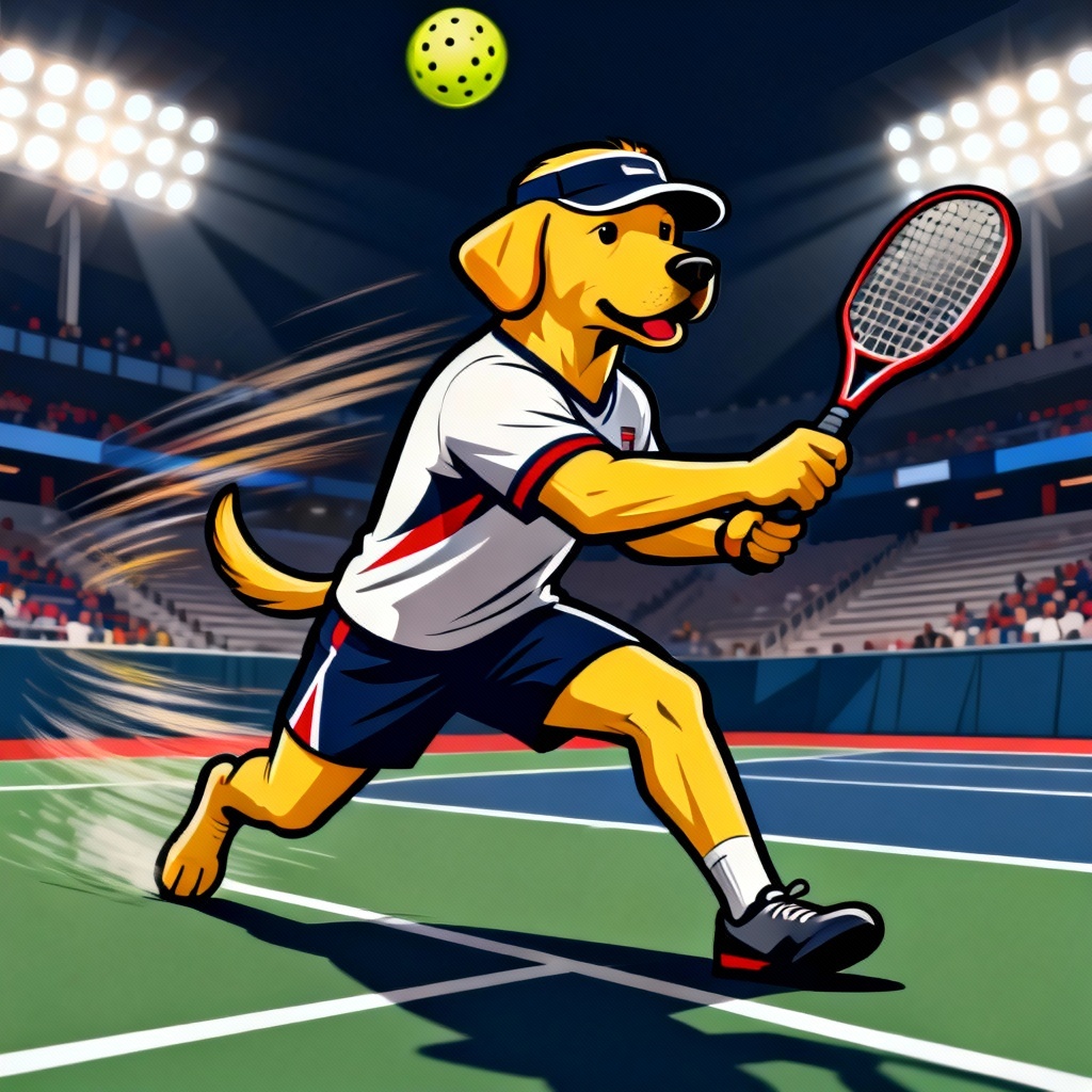 Sporty labrador dog mascot with pickleball paddle
