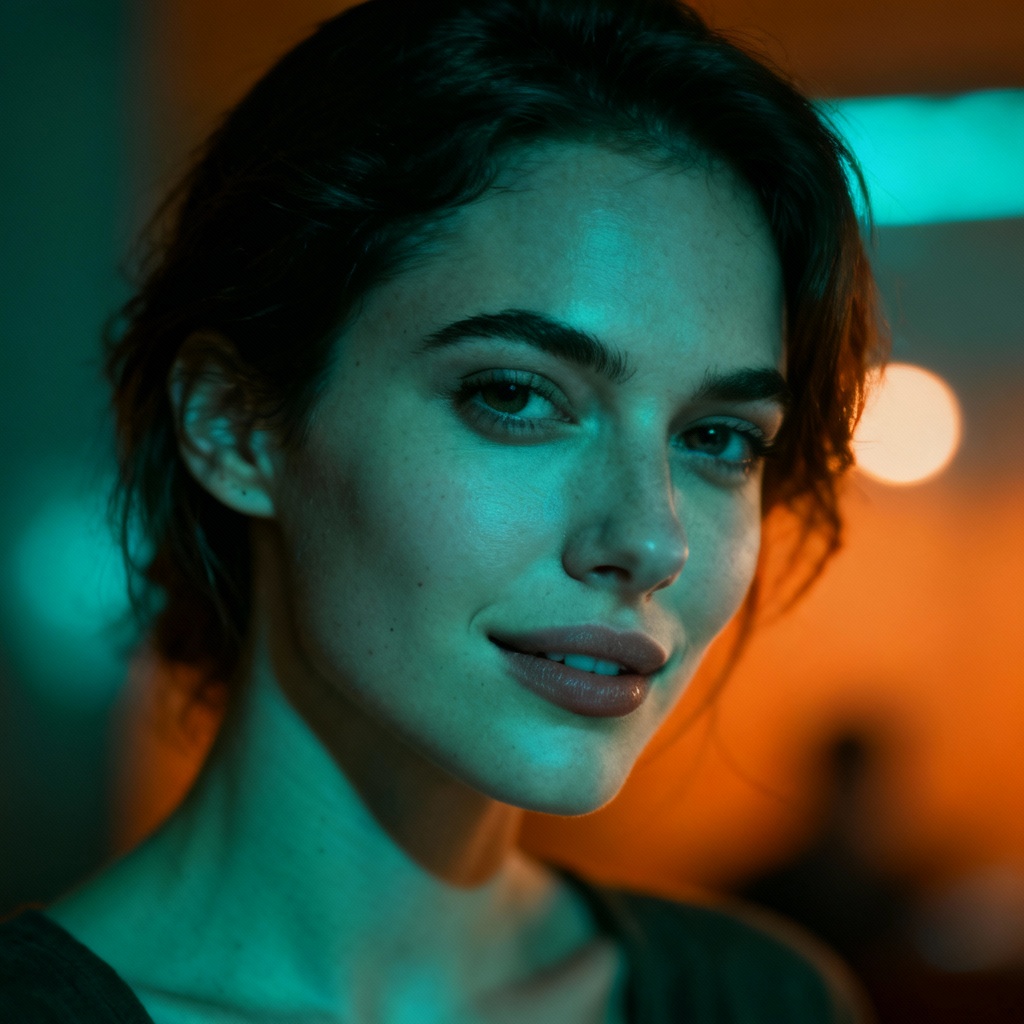 Cinematic AI girl headshot with teal-orange grade