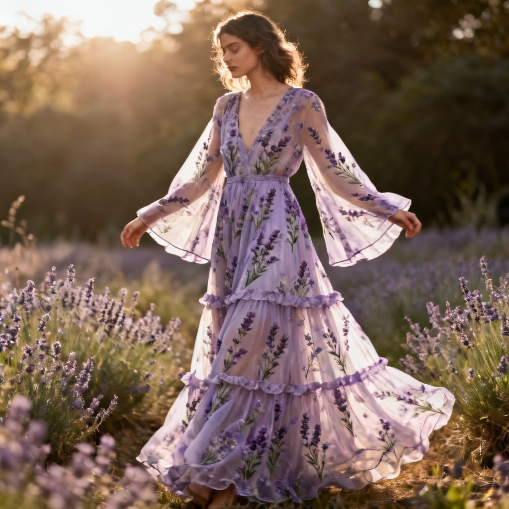 AI boho floral gown with lavender sprigs