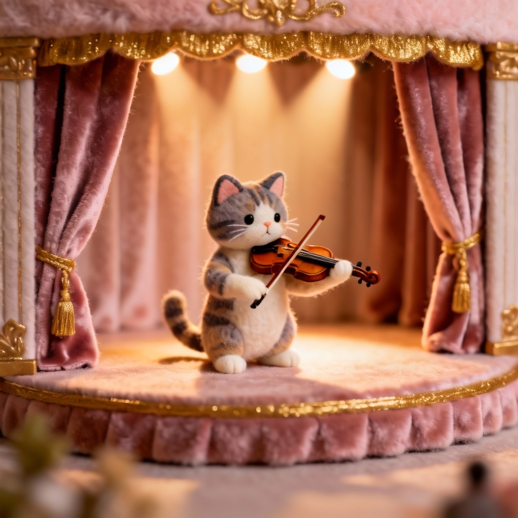 AI sylvanian pet cat violinist performing on a tiny stage