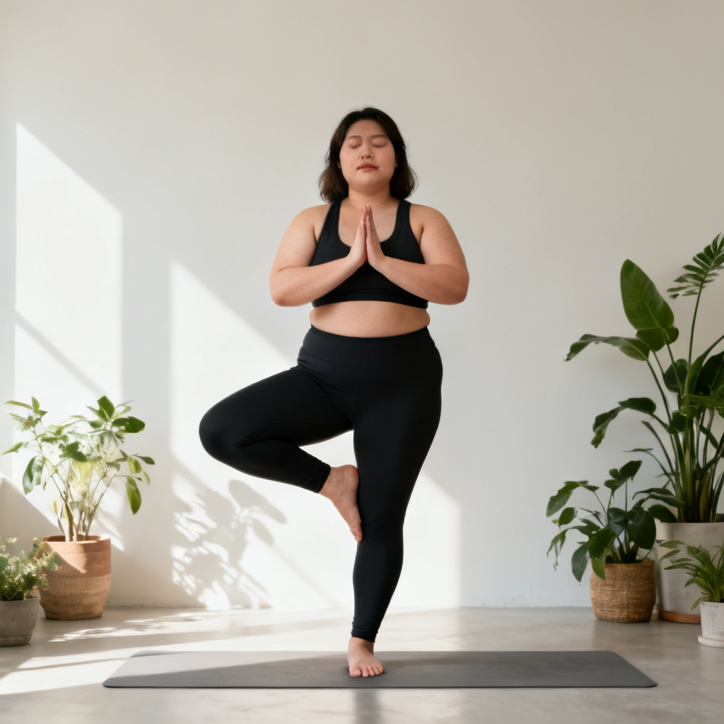 Plus-size person practicing yoga in airy studio
