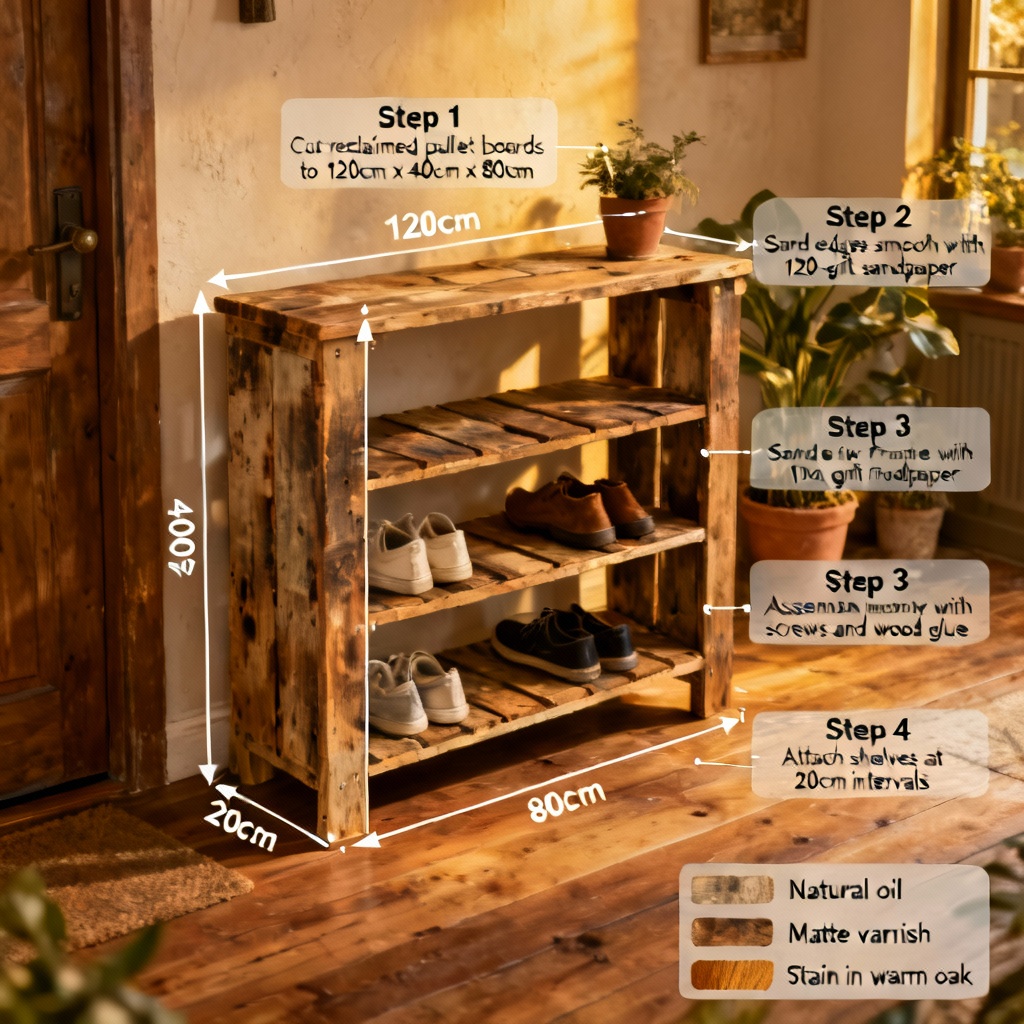 AI upcycled pallet wood shoe rack with assembly steps