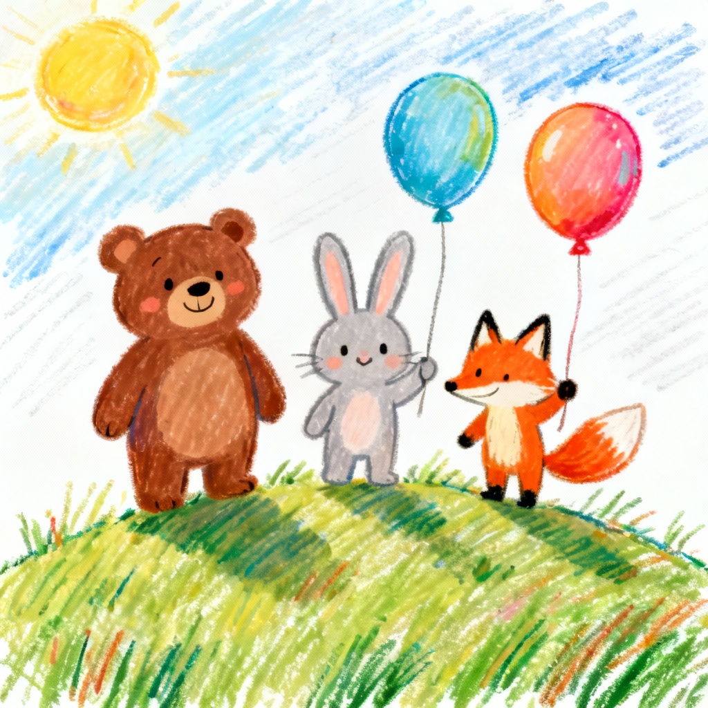 AI childlike crayon illustration of friendly animal friends in pastel colors
