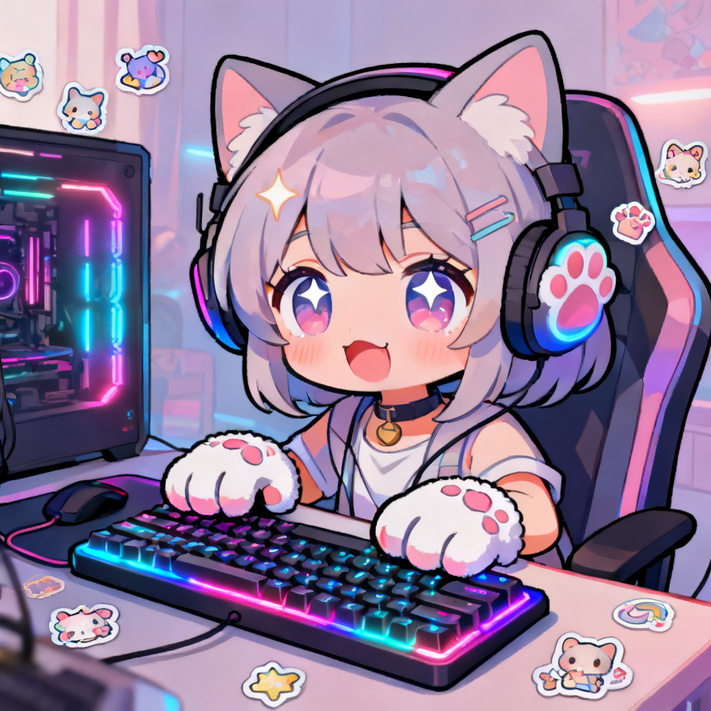 AI chibi catgirl gamer at RGB desk