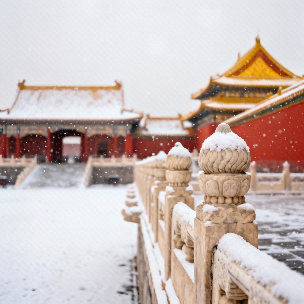 AI snowy Forbidden City courtyard with crimson walls