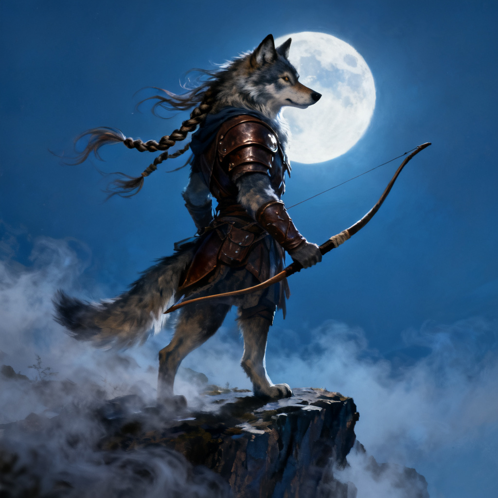 AI wolfkin ranger original character on moonlit cliff