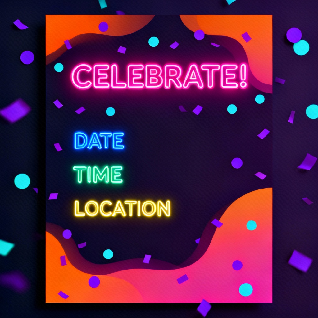 AI neon party invitation card with glow typography