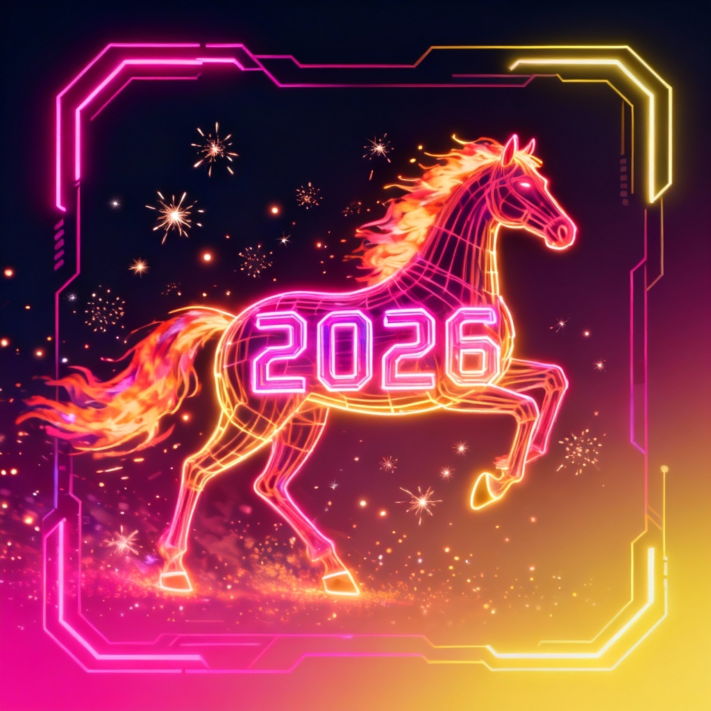 AI Neon Cyber Fire Horse Ecard Design