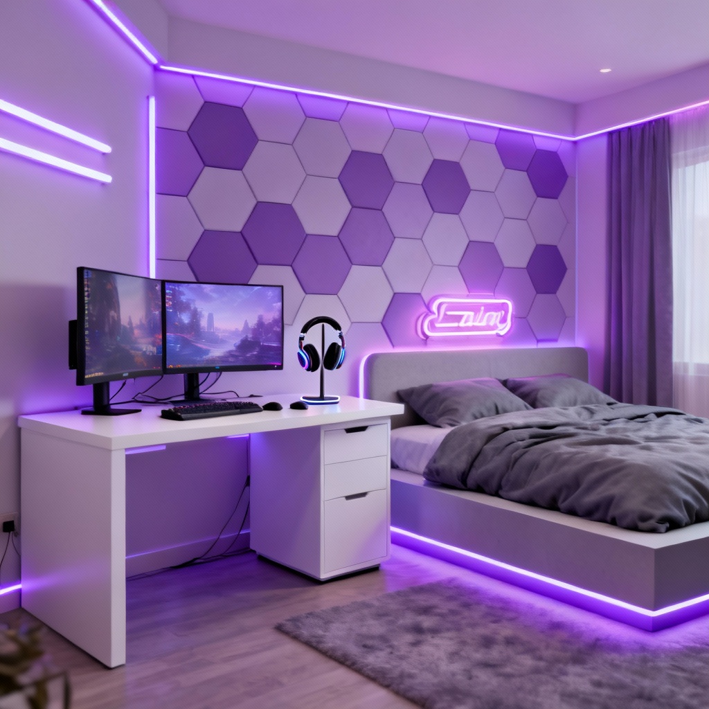 AI neon gamer girl bedroom with LED lights, desk setup, and purple glow