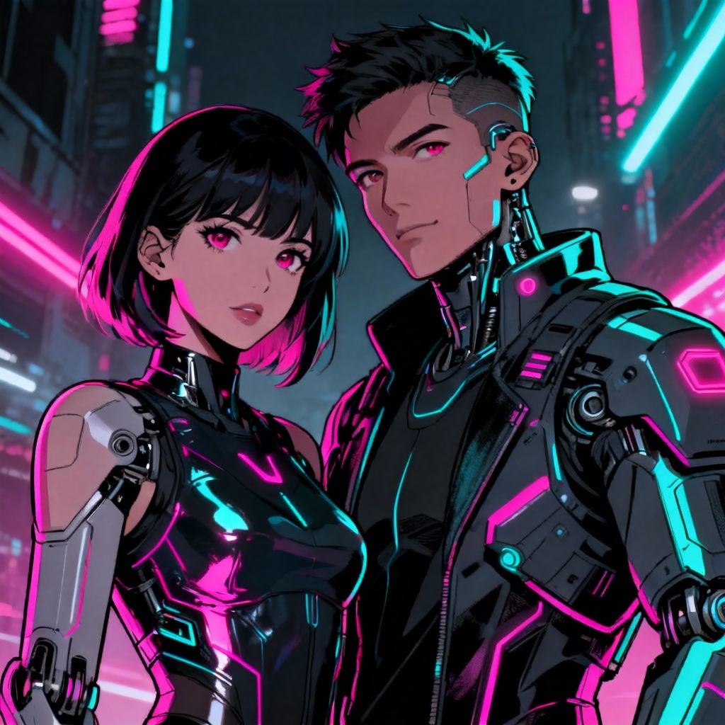 Cyberpunk neon couple avatar with glowing accents
