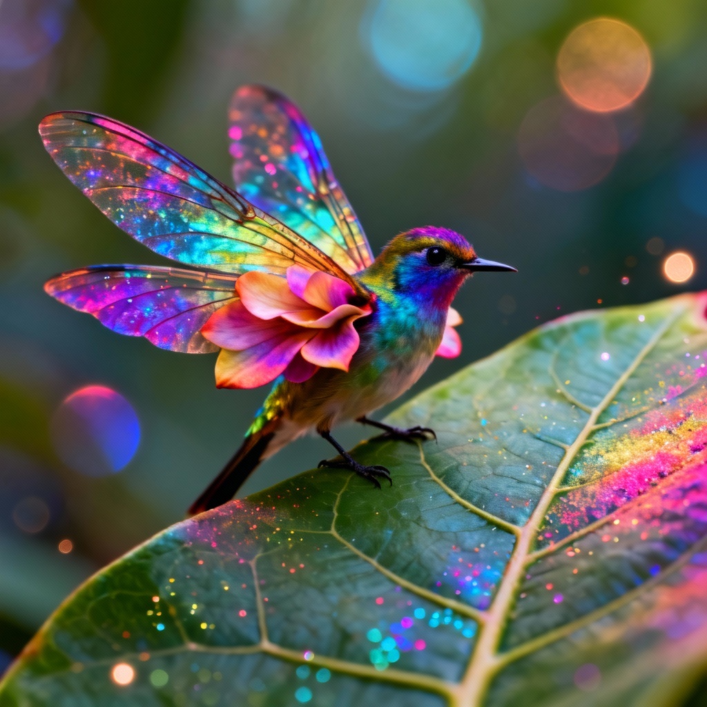 AI tiny bioluminescent flying alien with petal-like wings