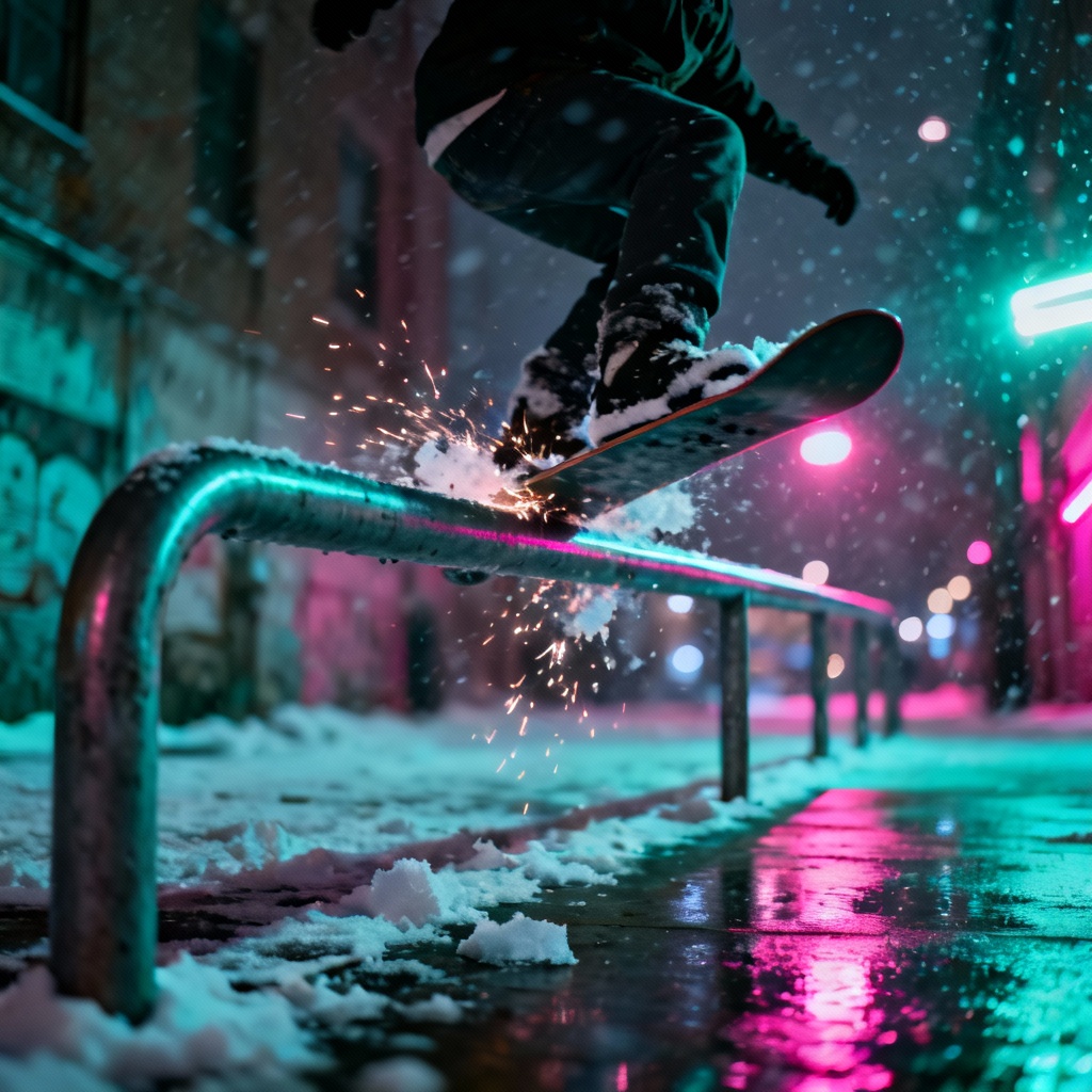 AI snowboarding generator urban rail slide at night with neon lights