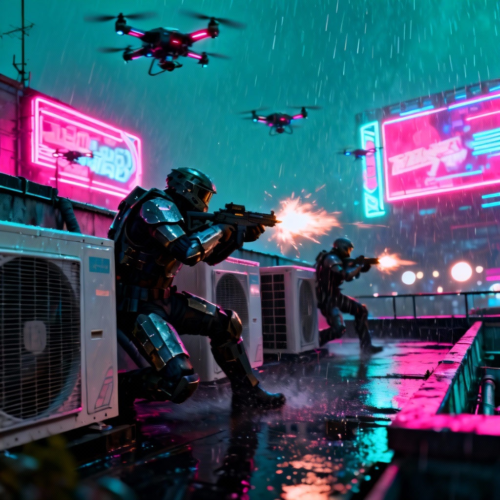 AI cyberpunk rooftop firefight with neon lights