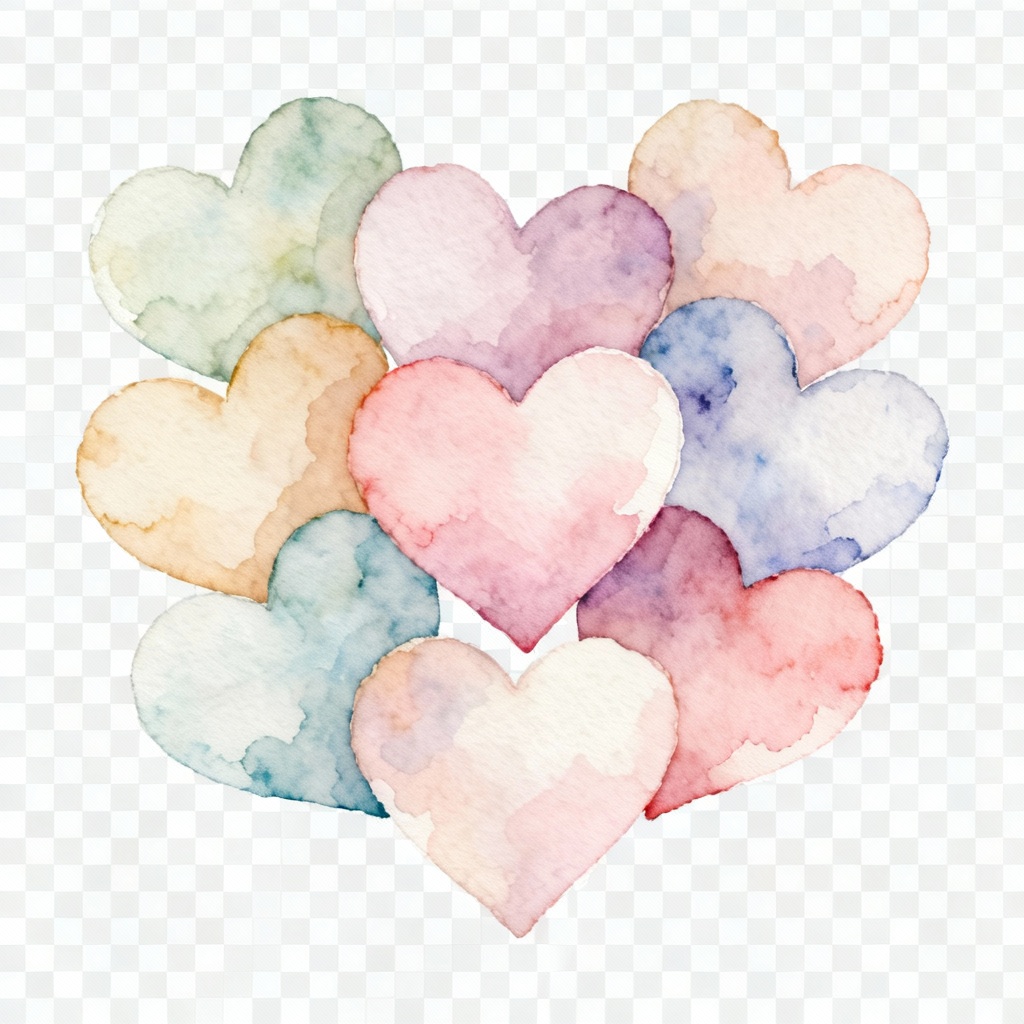 Watercolor pastel hearts cluster PNG with soft edges
