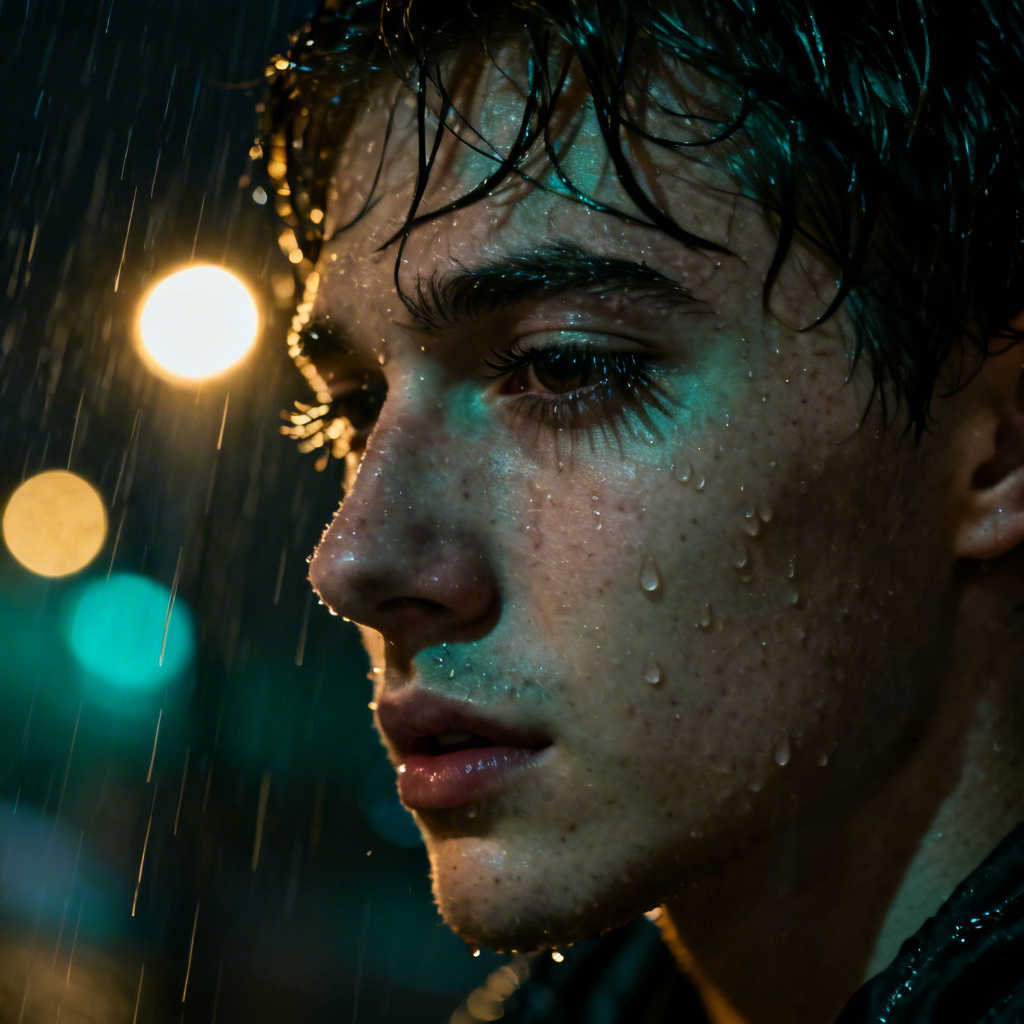 Cinematic portrait with heavy rain and glossy wet look
