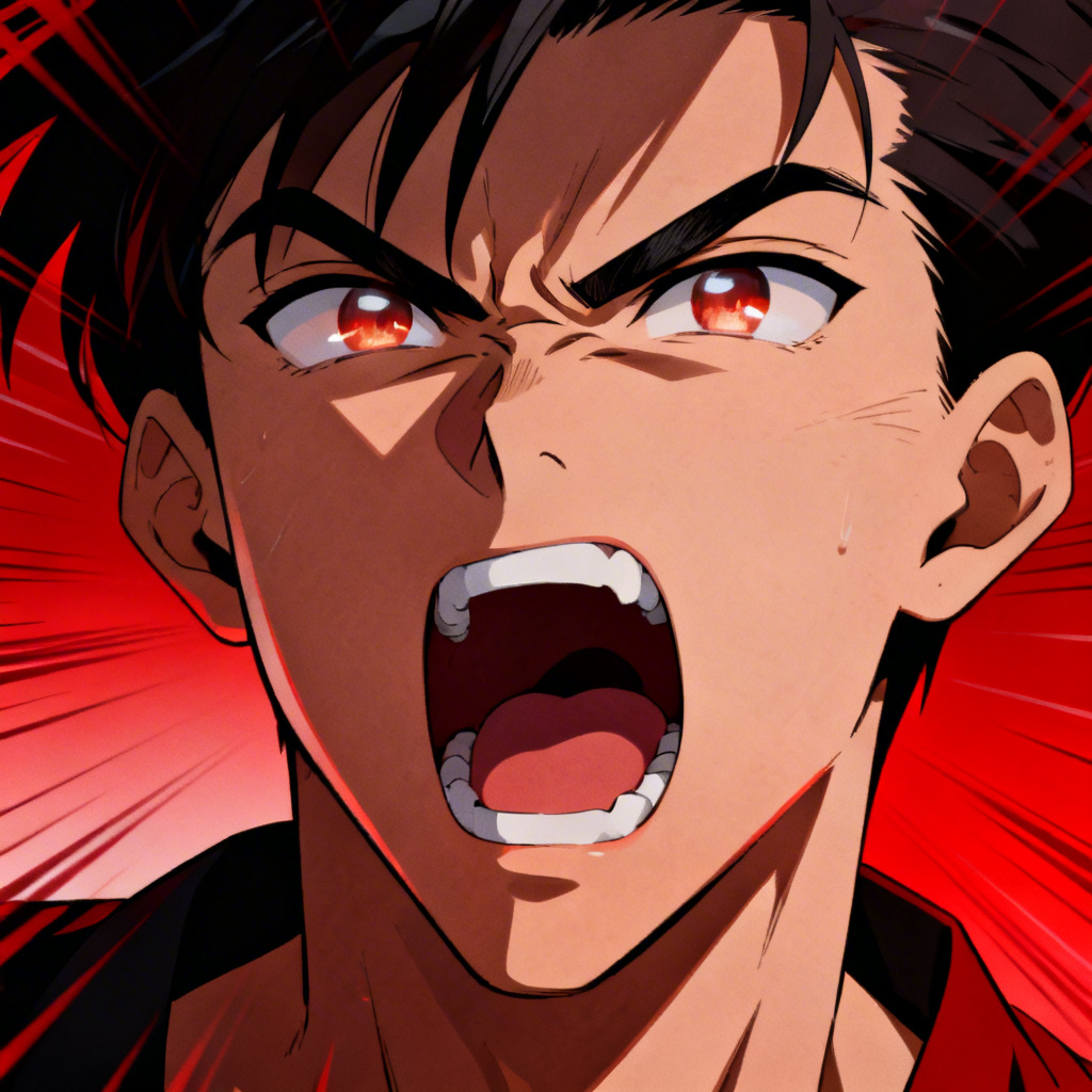 AI anime angry face with dynamic action lines and fiery eyes