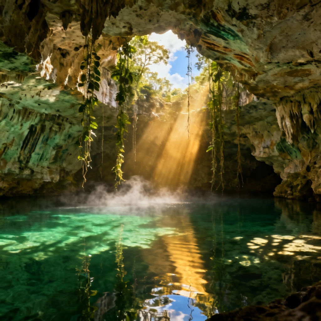 AI crystal cenote grotto with vines and clear water