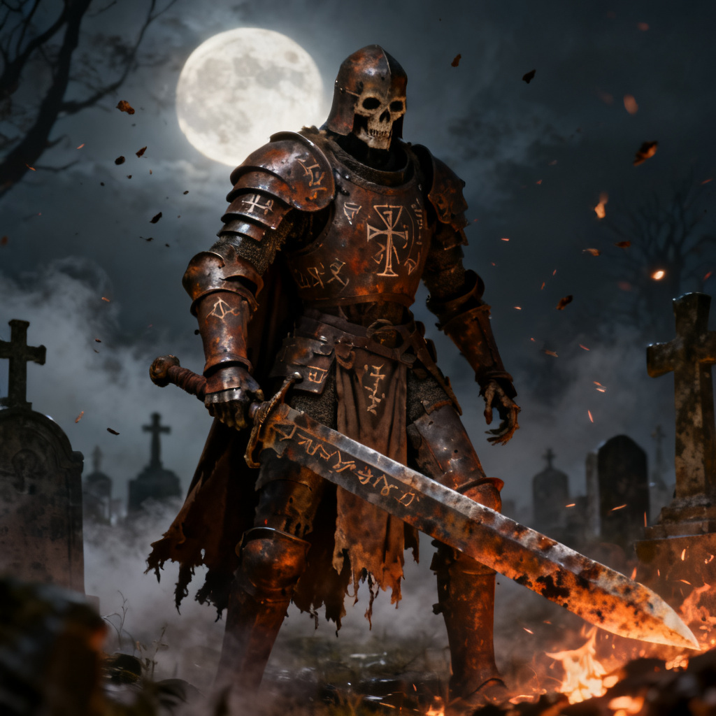 Forsaken OC bone knight in rusted armor with greatsword