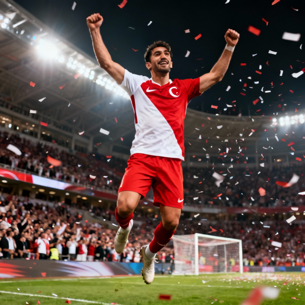 AI Turkish football striker celebrating goal