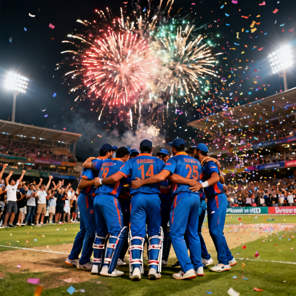 AI cricket celebration with fireworks and teammates