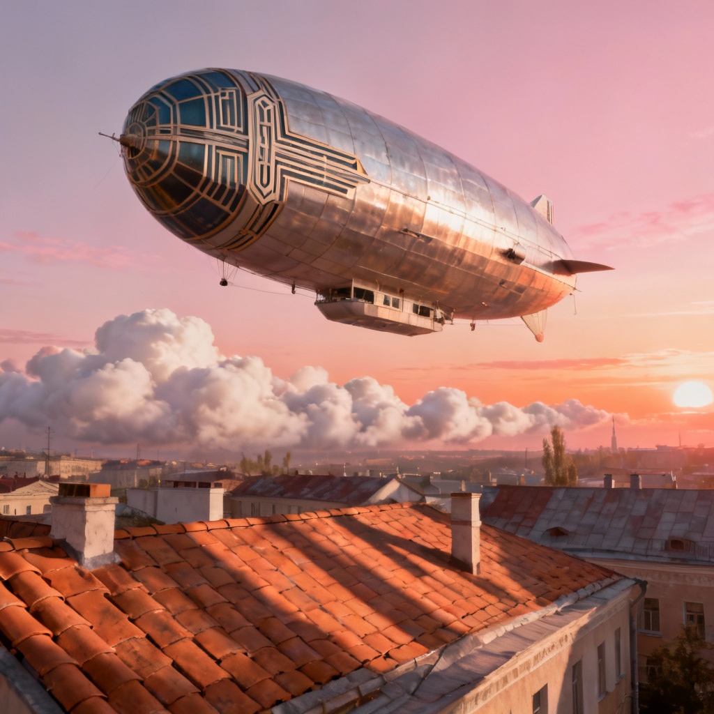 AI retrofuturist airship floating above Kirov city