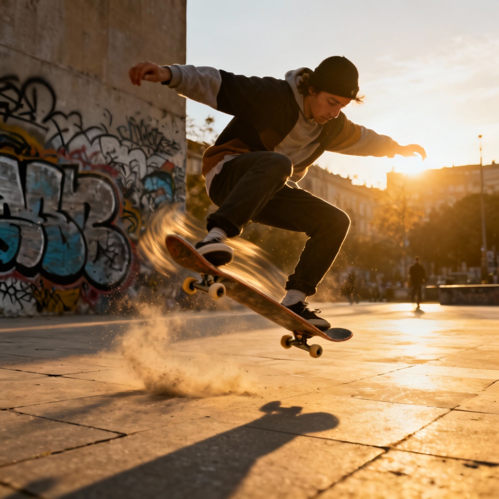AI skateboarding action heelflip photo in a city plaza