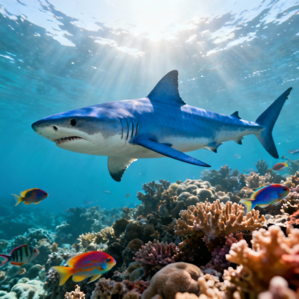 AI realistic blue shark over coral reef