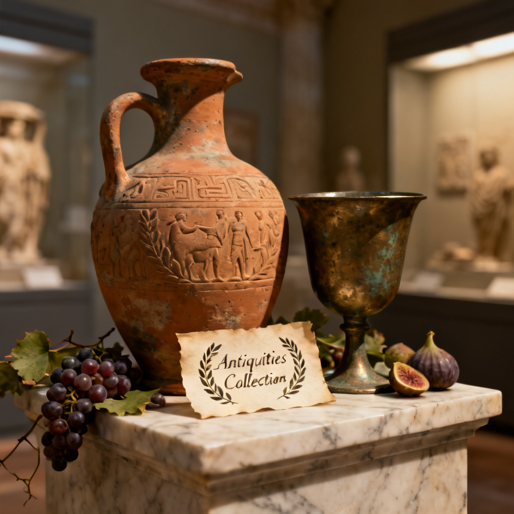 AI ancient wine amphora still life with historical label