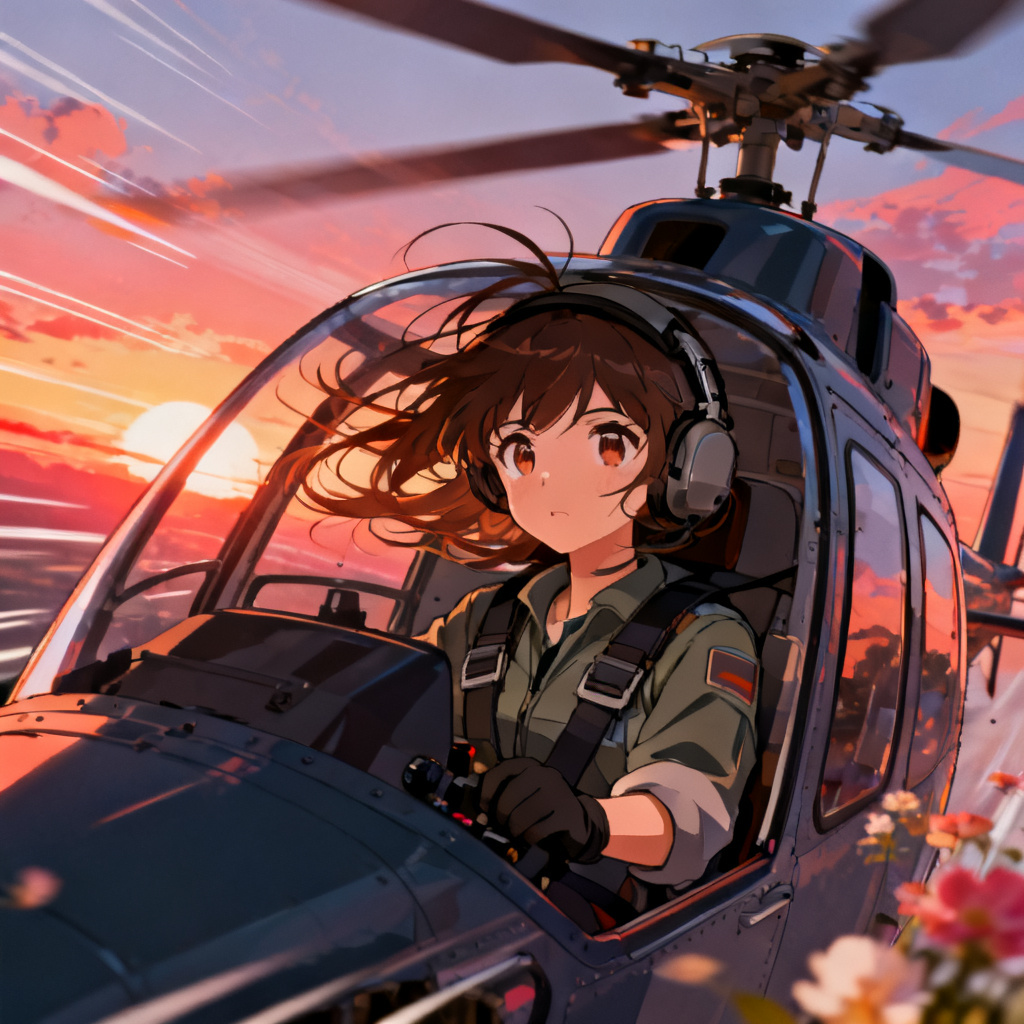 Anime-style helicopter pilot girl in cockpit