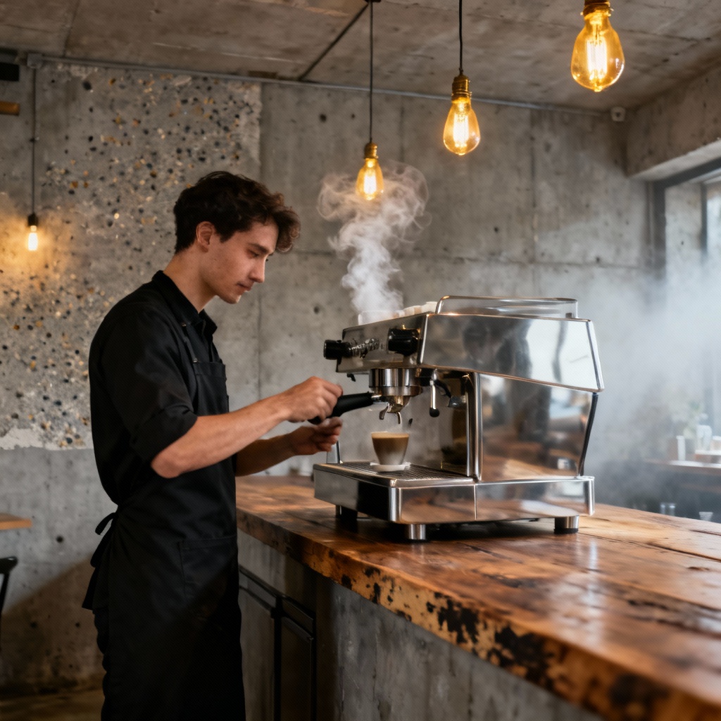 AI industrial cafe interior with barista at espresso bar