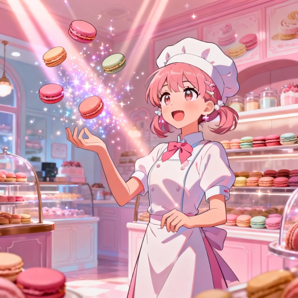 Magical girl baker conjuring sparkling macarons