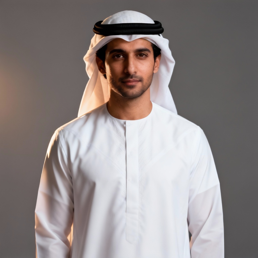 AI generated man wearing traditional white kandura with ghutra and agal in studio
