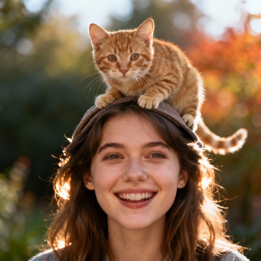 AI cat on the head photo, realistic cat sitting on hair
