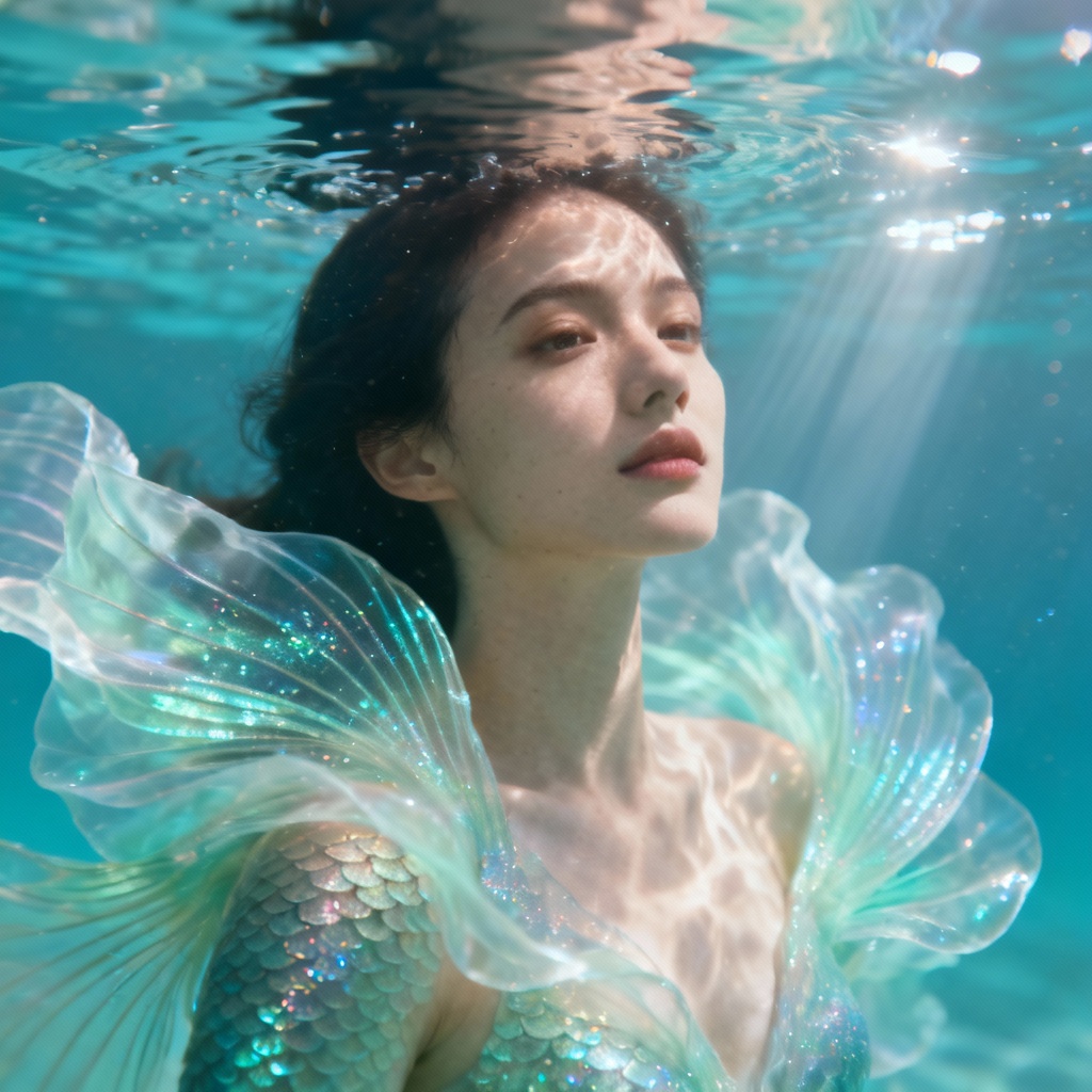 Underwater fantasy art mermaid with flowing fins and light caustics