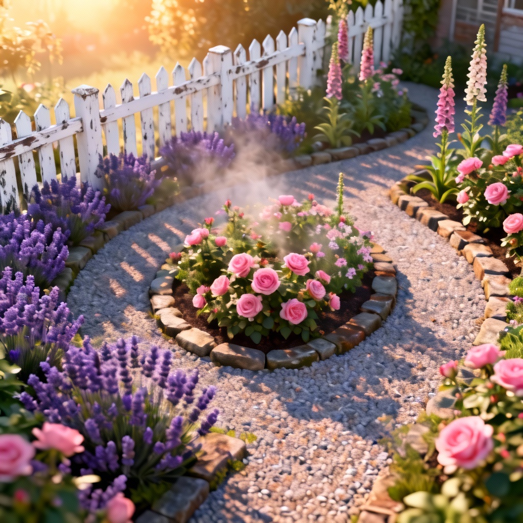 AI cottage flower garden with gravel path and roses