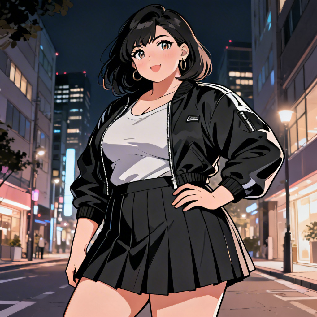 AI Manga Chubby Girl illustration of a confident curvy heroine on a city street
