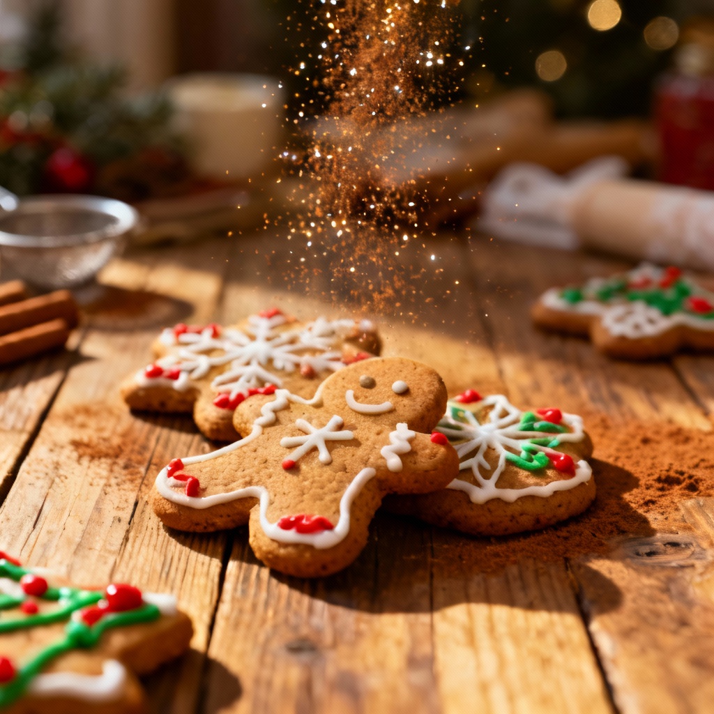 AI gingerbread kitchen holiday effect with cookie dust sparkles