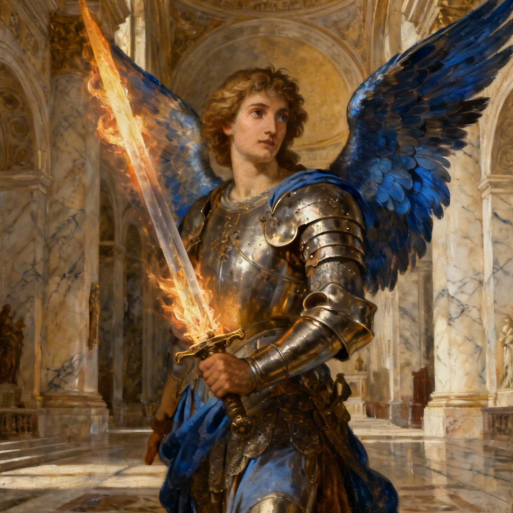 Renaissance-style archangel warrior with armor and wings