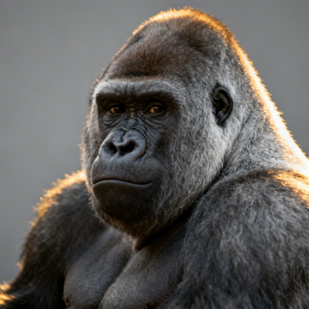 Realistic chubby silverback gorilla portrait with soft lighting