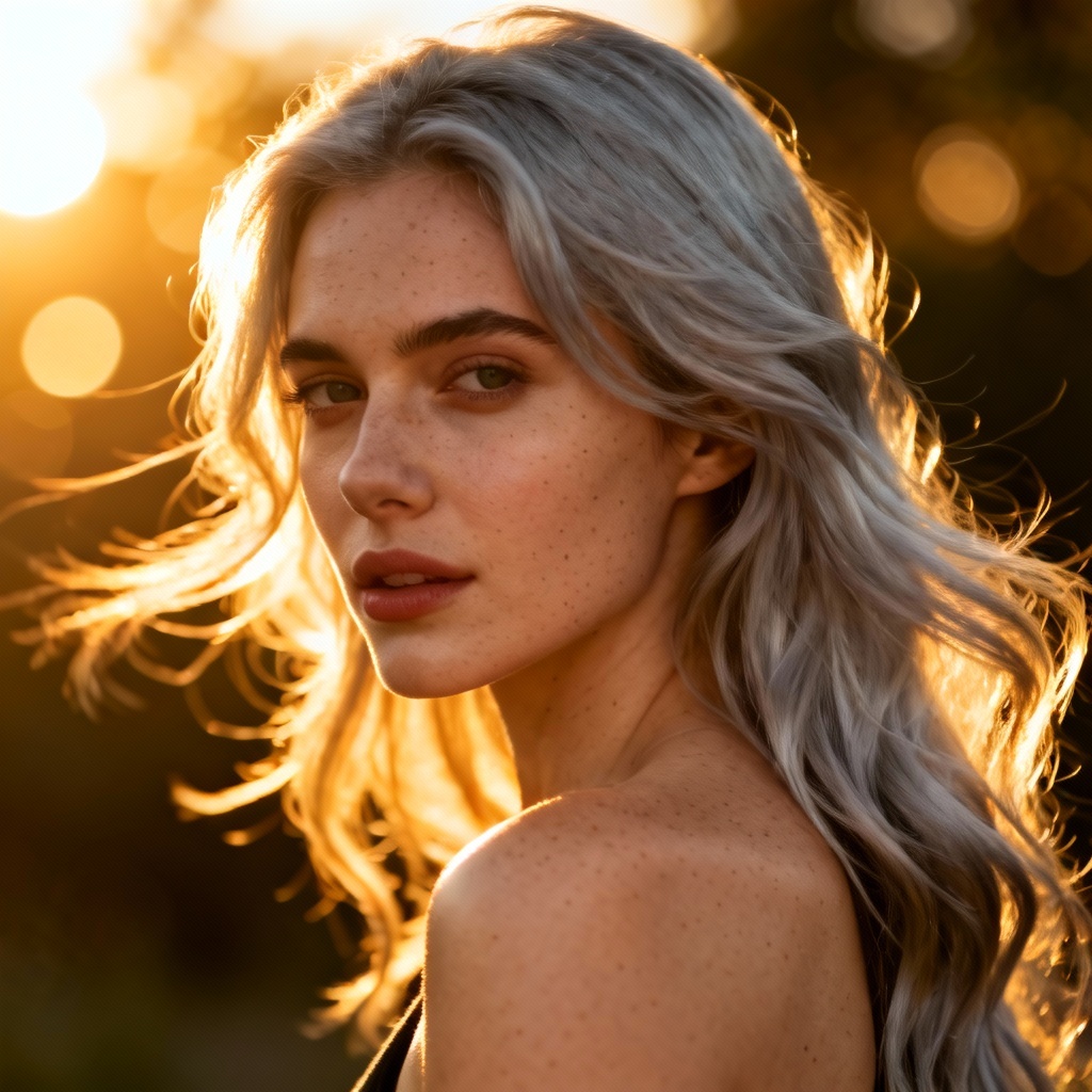 AI long silver waves natural daylight look