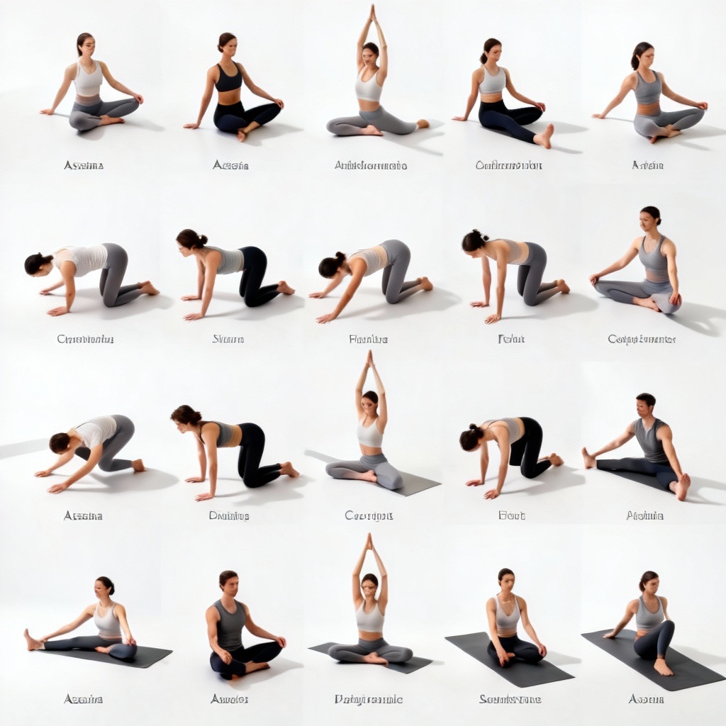 AI yoga pose reference grid with 12 asanas on white background
