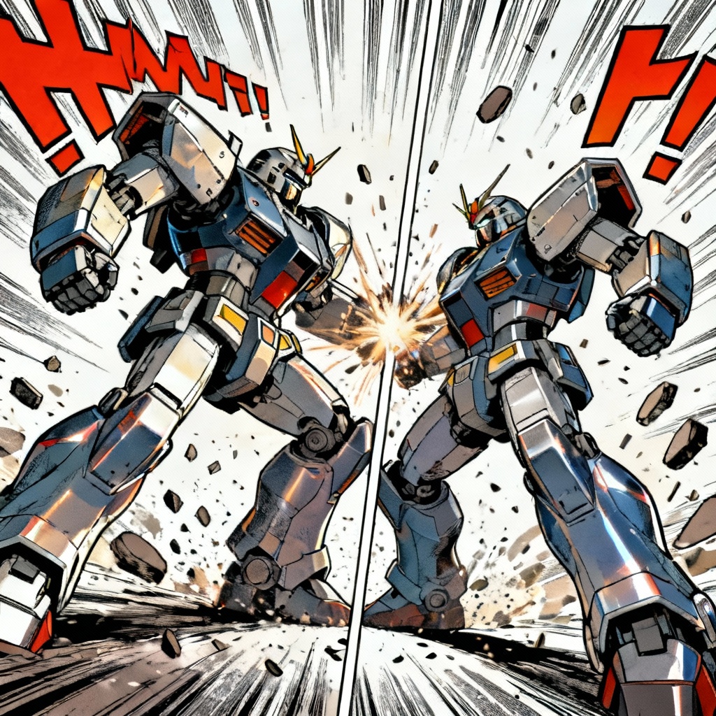 AI mecha fight comic panel with explosive impact