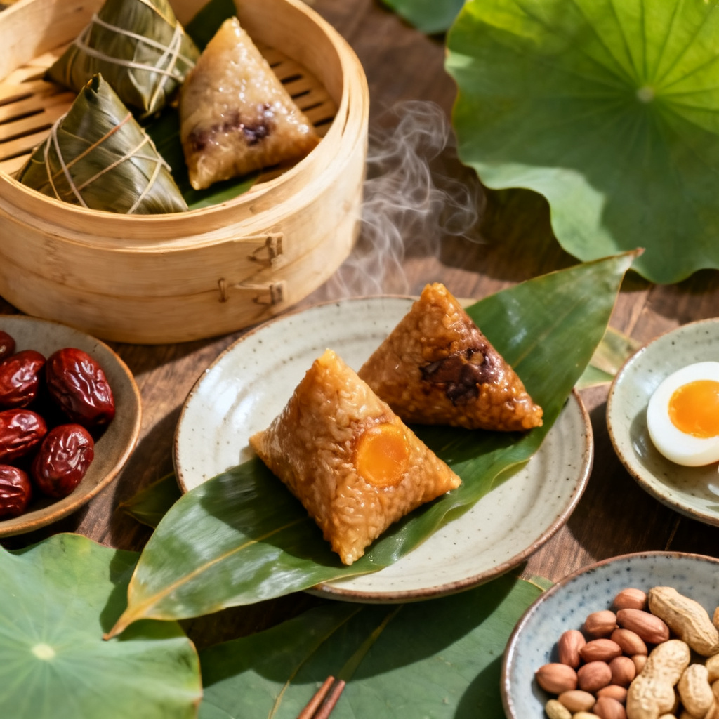 AI Dragon Boat Festival zongzi spread on bamboo steamer