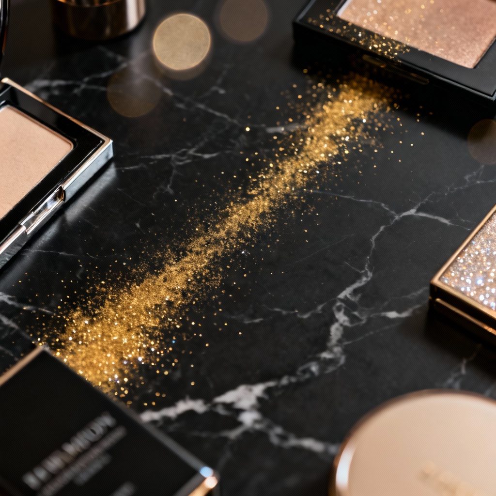 Cosmetics flatlay with soft gold powder overlay