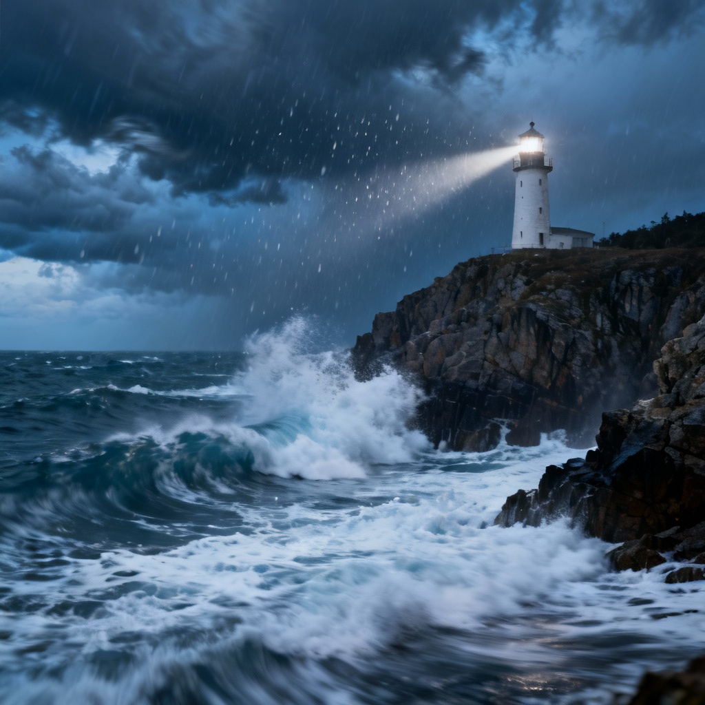 AI stormy coastal sea view with lighthouse and crashing waves