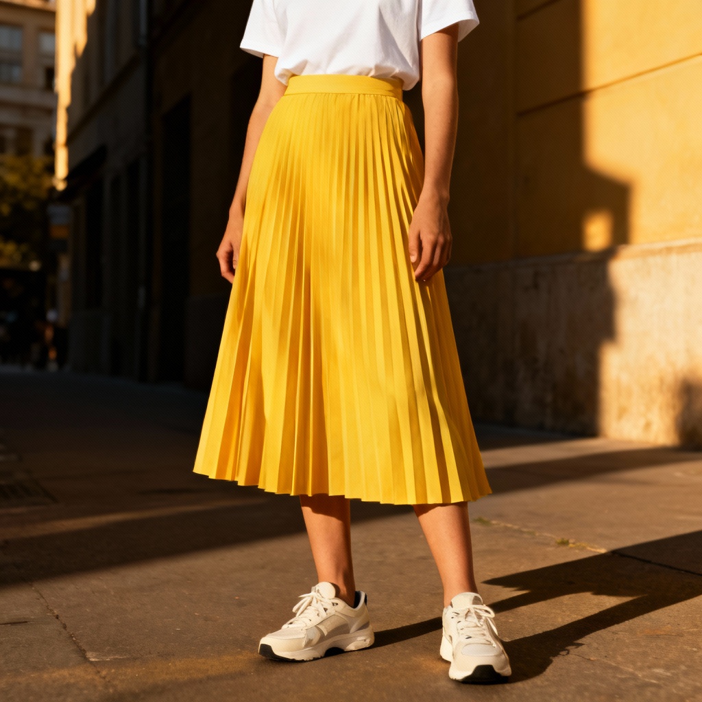 AI Yellow Pleated Midi Skirt Outfit