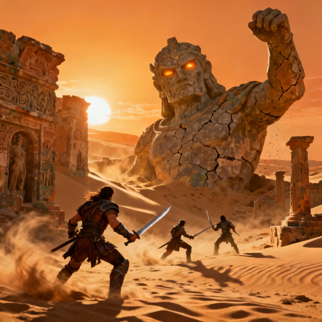 Desert ruins boss encounter at sunset